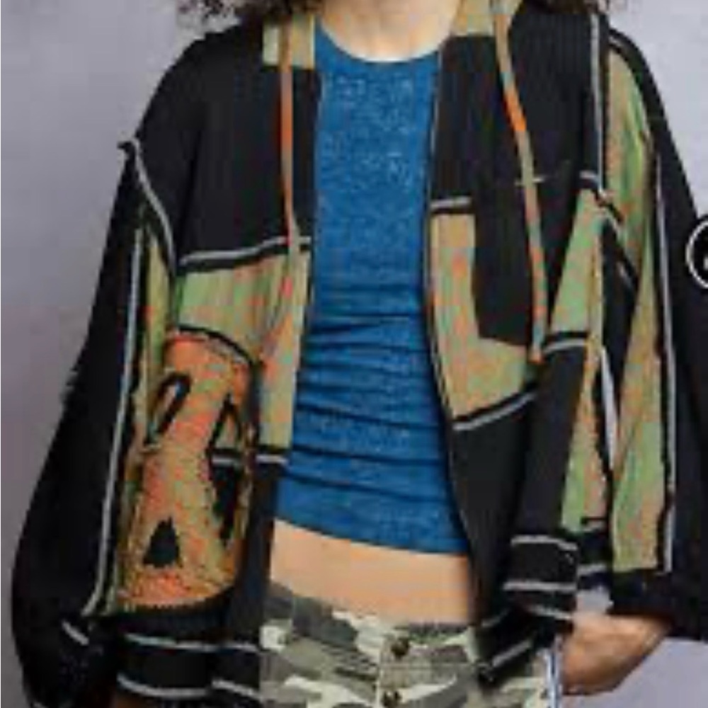 POL Black Multicolor Patchwork Jacket with Tan and Green Accents